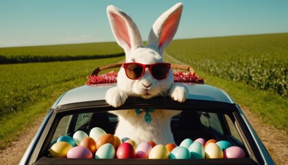 Cute Easter Bunny with sunglasses looking out of a car filed with easter eggs