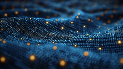   A tight shot of a blue-gold fabric, adorned with minute luminescent points radiantly emerging from its heart - obrazy, fototapety, plakaty