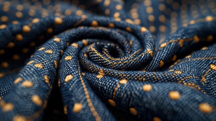   A tight shot of a blue-gold fabric, adorned with minute golden polka dots edging its periphery - obrazy, fototapety, plakaty