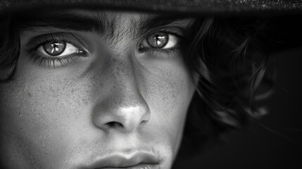   A monochrome image of a young man with freckles dotting his face and a hat shading his head - obrazy, fototapety, plakaty