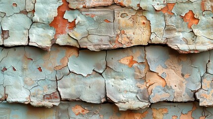   A close-up of a wall with peeling paint and two clocks on its sides