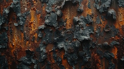   A tight shot of tree bark bearing an orange and black paint job, accented by rust patches - obrazy, fototapety, plakaty