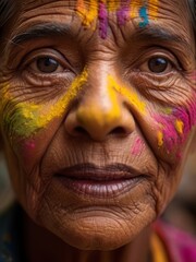 Portrait of an elderly Hindu woman with a painted face during the celebration of the Holi festival of colors, close-up.