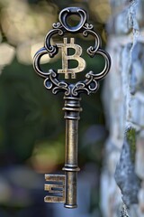 An ornate key with the Bitcoin symbol, detailed and intricately designed, representing control over digital assets Award winning photography in the style of Realistic Photography