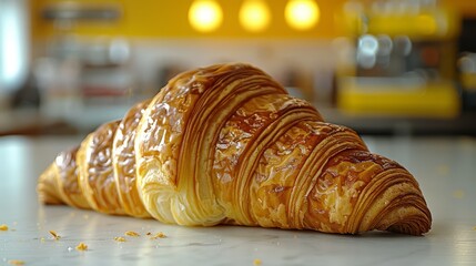  A croissant atop a counter, near a stack of croissants on the same counter