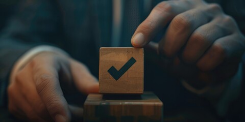 Person holding a wooden block with a green check mark