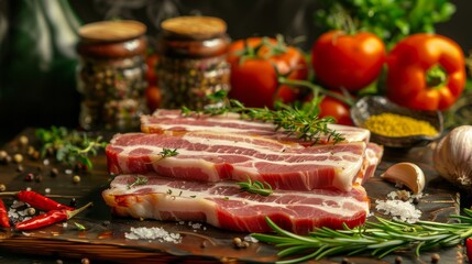 Dishes of Ukrainian cuisine: pieces of raw bacon with traditional vegetables and mustard.