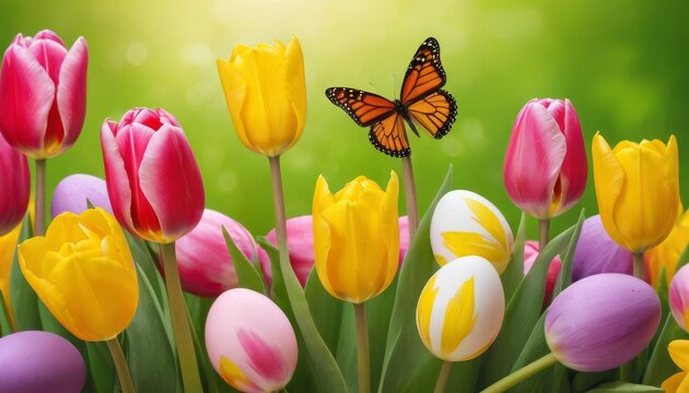 Easter background. Colorful spring tulips with butterflies and painted eggs