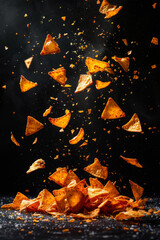 Vibrant image of flying crunchy fresh Doritos against a dark background, evoking a delicious snacking experience.