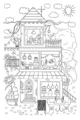 Anti-Stress Coloring For Adults And Children Features A Detailed Cafe House