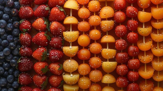   A fruit skewer with oranges, strawberries, blueberries, and raspberries in the center of their displays