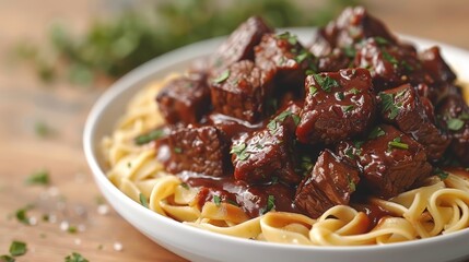  noodles, meat in savory sauce, garnished with parsley - obrazy, fototapety, plakaty