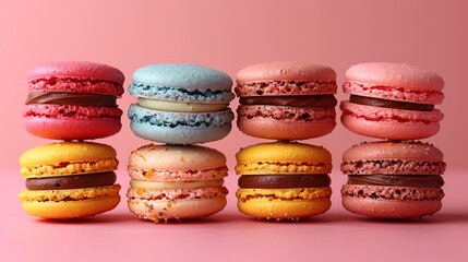 Fototapeta na wymiar A collection of macaroons arranged in tiers against a pink backdrop