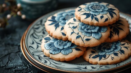   A tight shot of cookies atop a table, their blue flower designs distinguished in the foreground