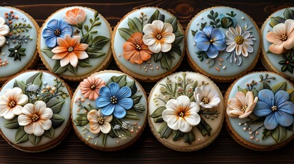 Obraz na płótnie Canvas A table is filled with close-up views of decorated cupcakes Flowers adorn the cupcake tops