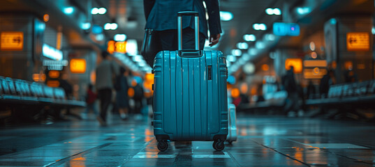 Man with luggage at the airport, baggage in hall, business man on trip