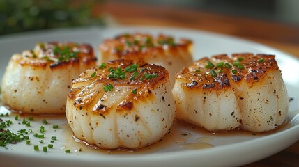   A white plate holds four scallops, each topped with more scallops and covered in savory sauce Green onions gracefully garnish the dish