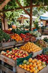 Vibrant farmers market stall under the sun displaying a variety of fresh fruits and vegetables.
