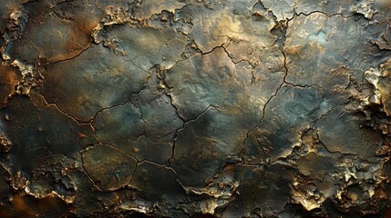   A tight shot of a weathered metal fragment, displaying cracks and traces of rust - obrazy, fototapety, plakaty