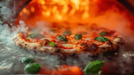 Foto op Plexiglas   A tight shot of a pizza inside a oven, surrounded by swirling smoke escaping from the upper opening © Jevjenijs