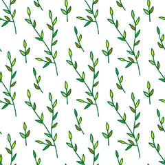 Seamless pattern with green branches on white background. Vector image.
