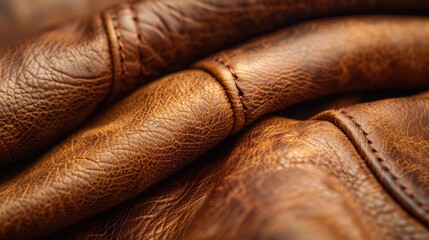   A tight shot of a brown leather seat with visible stitching on its back, along with an additional row of stitching atop the backrest - obrazy, fototapety, plakaty