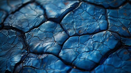   A tight shot of a blue surface exhibiting a central crack, accompanied by a smaller crack in its midst - obrazy, fototapety, plakaty