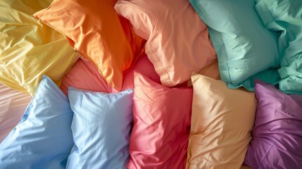 Flat lay of rainbow bed sheets and pillowcases.Pride Month Concept