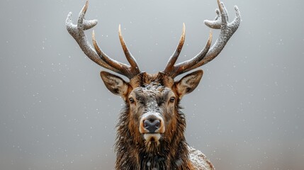  A tight shot of a deer with snow atop its head and antlers adorned with frost