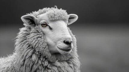   A black-and-white image of a sheep gazing into the camera with a somber expression