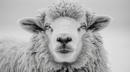   A black-and-white image of a sheep gazing at the camera with a melancholic expression