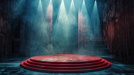 The anticipation and excitement of an empty theater stage, illuminated by spotlights and featuring a red round podium awaiting the performers to take center stage. - obrazy, fototapety, plakaty