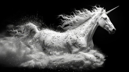   A monochrome image of a white unicorn galloping through empty air against a backdrop of black Its mane billows in the implied wind