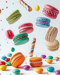 Obraz premium Craft an artistic composition of colorful macarons and candy, floating in the air against a white background The sweet textures should appear deliciously delectable, with the colors vivid to evoke a s