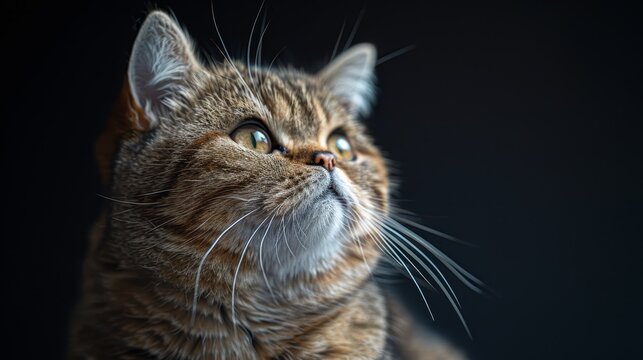   A tight shot of a feline's face, its eyes expressively wide and gazing intently into the distance