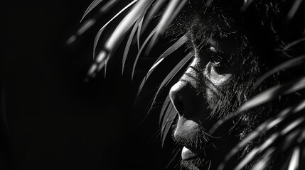   A man's face is concealed by palm fronds in this black-and-white image