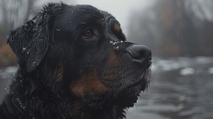   A tight shot of a black and brown dog submerged in water Surrounding scenery includes trees in the background and snow-covered ground