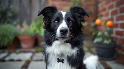   A black-and-white dog sits before a brick wall, wearing a collared tag – black and white