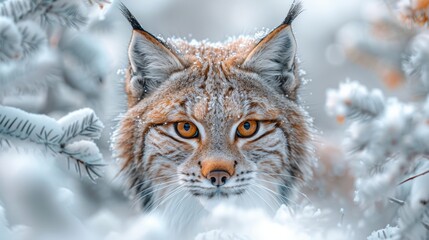   A tight shot of a Lynx in a wintry forest, gaze fixed on the camera with intense scrutiny - obrazy, fototapety, plakaty
