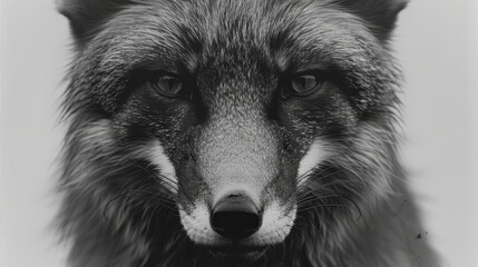   A tight shot of a wolf's face Superimpose a contrasting black-and-white image of the wolf's visage - obrazy, fototapety, plakaty