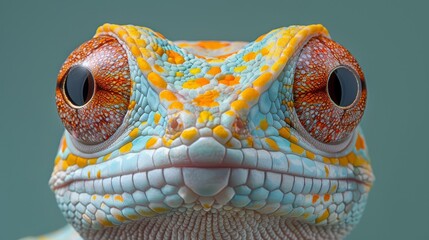   A tight shot of a lizard's face features orange, yellow, and blue markings - obrazy, fototapety, plakaty