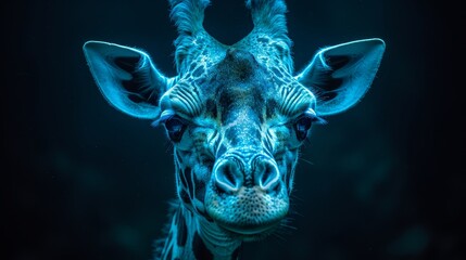   A tight shot of a giraffe's face illuminated by a blue light