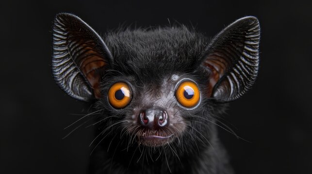   A tight shot of a small creature with vivid orange eyes and an unnerving expression against a pitch-black backdrop