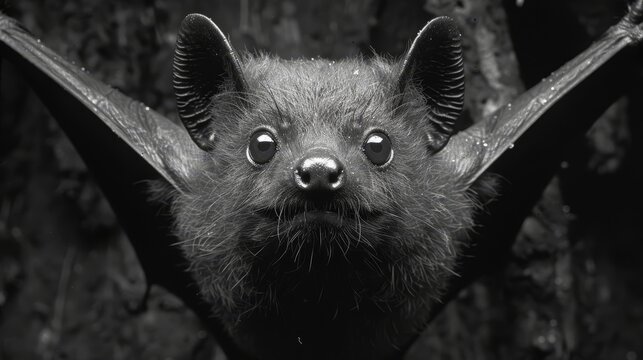   A black-and-white image of a bat suspended upside down, wings spread broadly, and eyes fixated