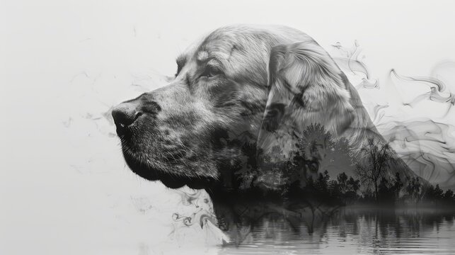   A monochrome image of a dog's face with smoke emerging from behind its head