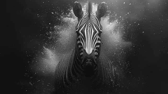   A black-and-white image of a zebra's head submerged in water, surrounded by a splash