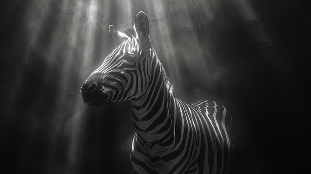   A black-and-white image of a zebra's head against sunlit clouds Sun shines through the clouds, illuminating the zebra's stripes