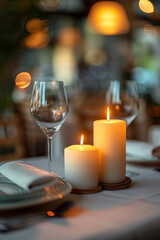 Romantic and elegant table setting in a restaurant with selective focus on candles, creating a warm and intimate ambiance for a romantic dinner experience.