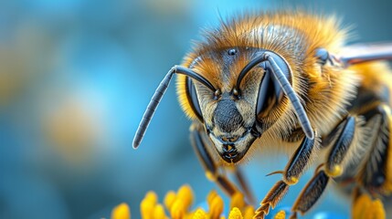   A bee hovering over a sunlit yellow flower against a backdrop of a tranquil blue sky - obrazy, fototapety, plakaty