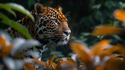   A tight shot of a leopard's face, encircled by orange and white blooms in the foreground, while trees stand behind